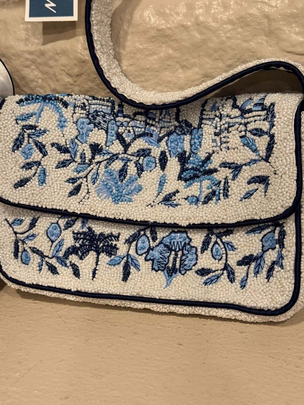 TikTok Viral Blue and White Palm Tree Beaded Shoulder Bag Purse